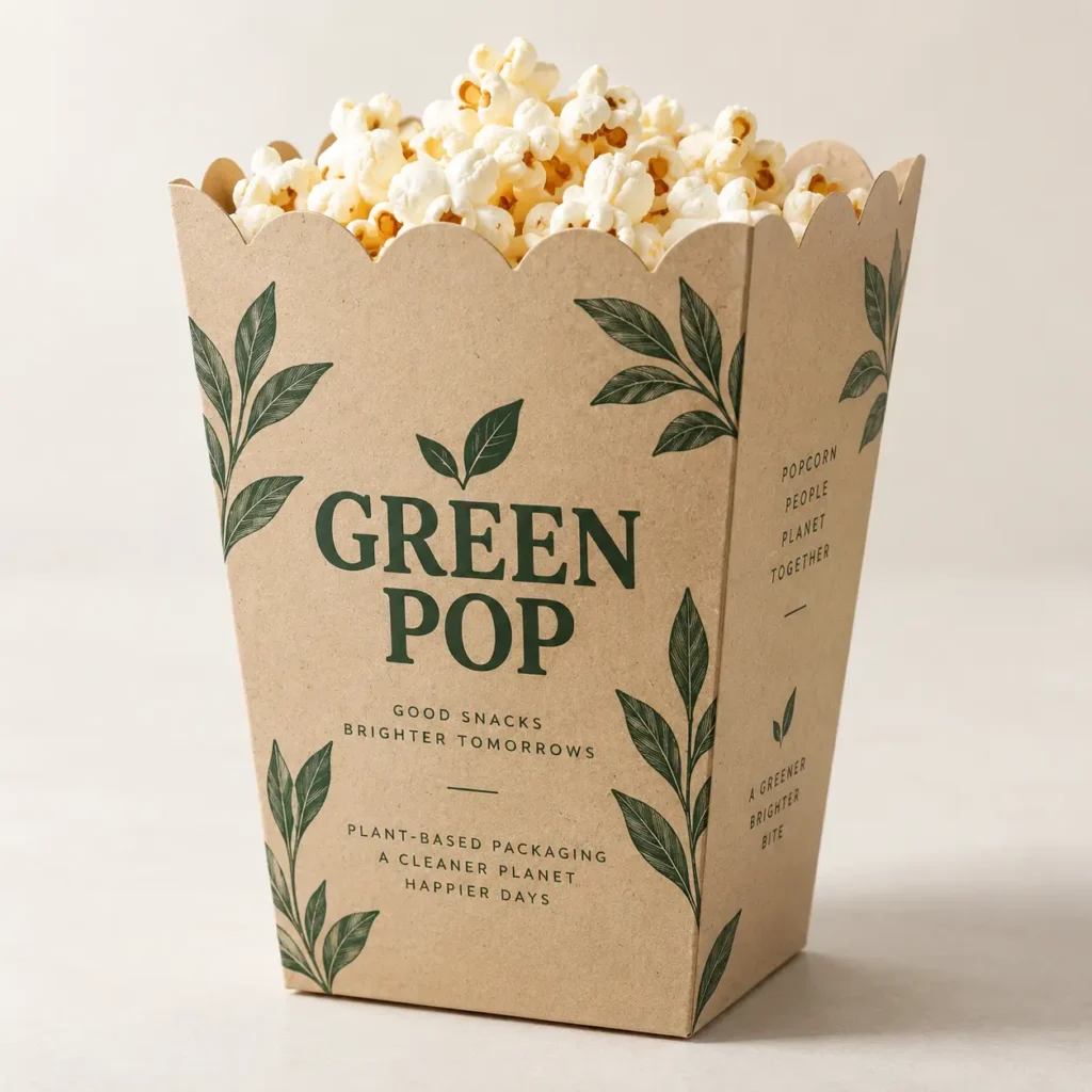 Eco-friendly kraft popcorn box with green botanical prints, branded Green Pop, plant-based sustainable food packaging design