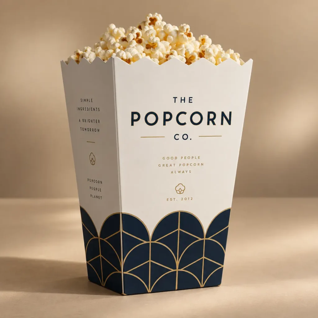 Elegant white navy gold popcorn box packaging design by The Popcorn Co. Est. 2012 with Art Deco pattern, filled with popcorn