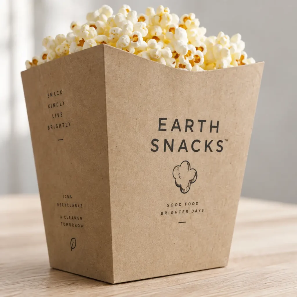 Kraft cardboard popcorn box packaging for Earth Snacks brand, filled with fresh popcorn, eco-friendly recyclable design on wood surface