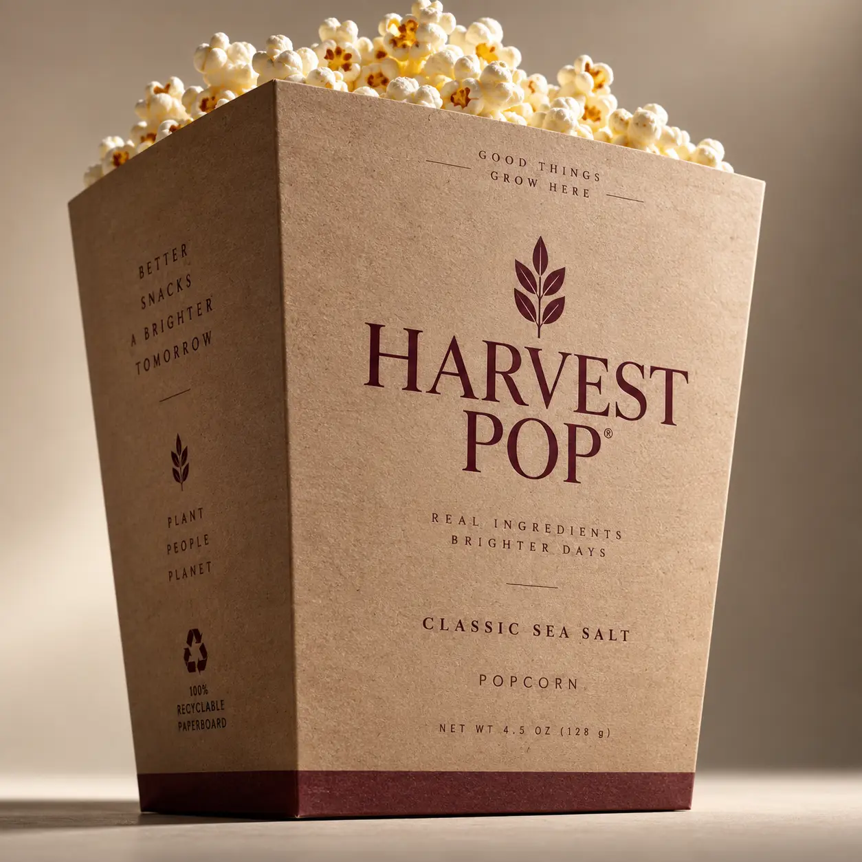 Harvest Pop Classic Sea Salt popcorn box kraft brown recyclable paperboard packaging with burgundy branding overflowing with fresh popped corn