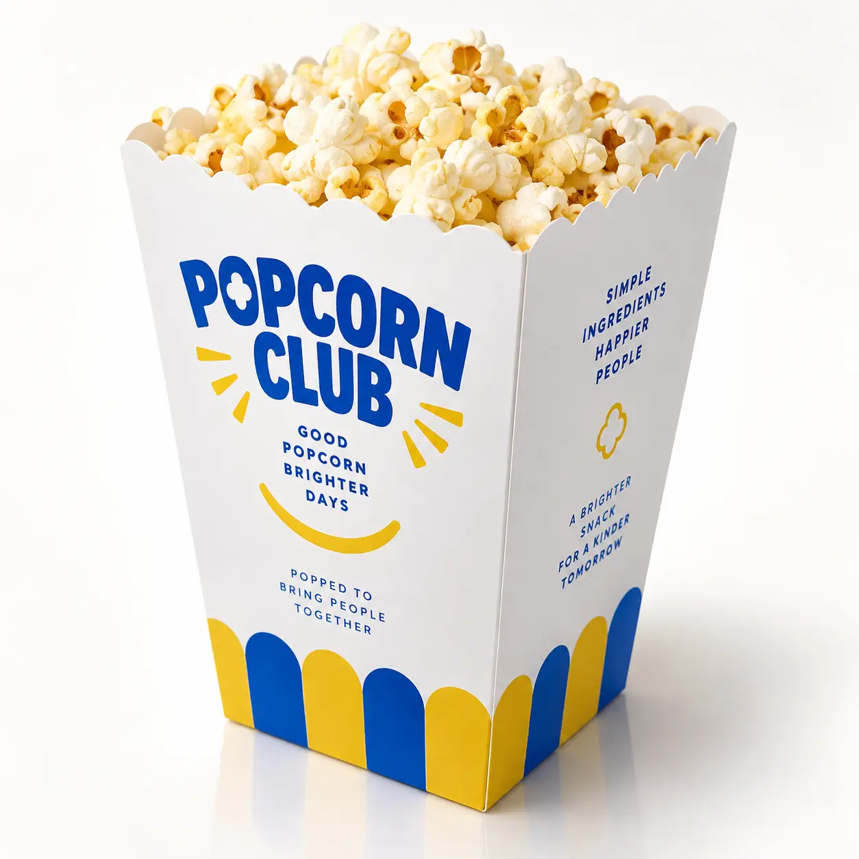 Popcorn Club branded white box with bold blue yellow design filled with fresh popcorn, cheerful packaging design by The Packaging Masters