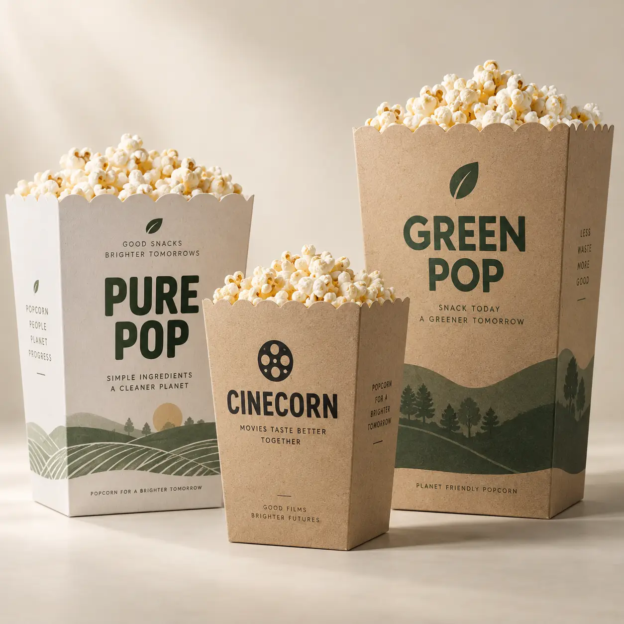 Three eco-friendly kraft paper popcorn boxes branded Pure Pop, CineCorn, and Green Pop with nature-themed green packaging design