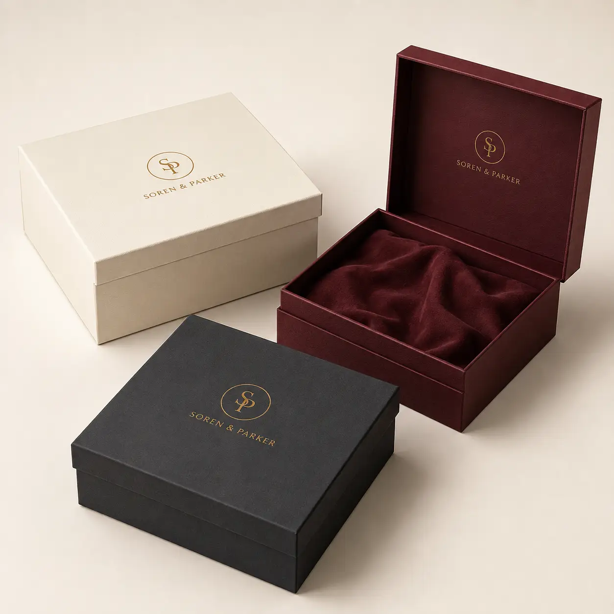 Three luxury gift boxes by Soren & Parker in burgundy, ivory, and black with gold logo, velvet interior, premium packaging design