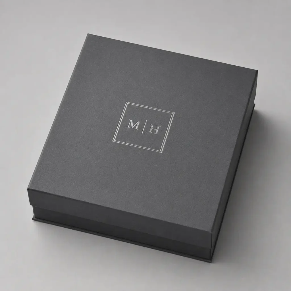 Dark gray luxury rigid gift box with silver M|H monogram logo, premium custom packaging by The Packaging Masters