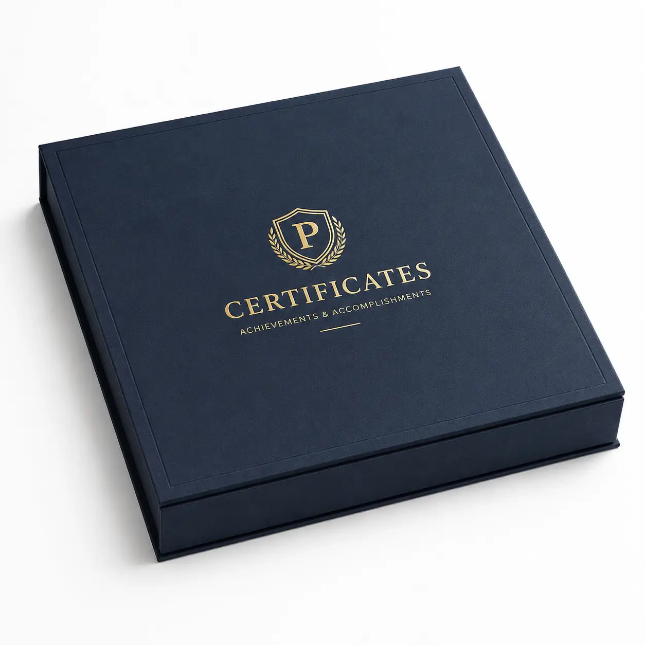 Navy blue certificate box with gold foil P shield logo, Achievements & Accomplishments text, premium rigid gift packaging by The Packaging Masters
