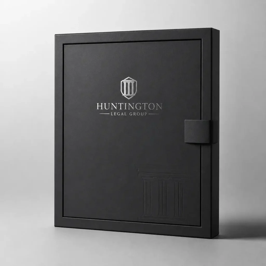 Luxury black legal folder with silver foil Huntington Legal Group logo and embossed columns, premium custom packaging design