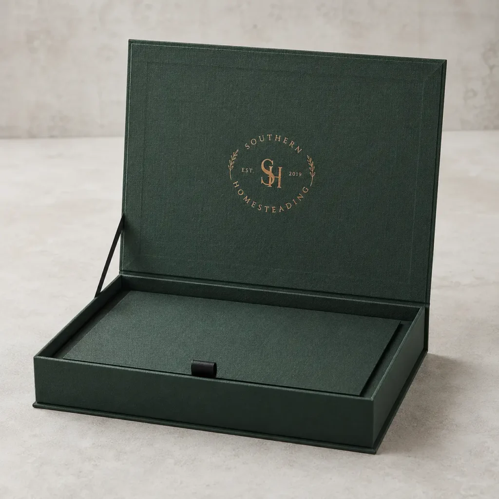 Dark green linen luxury photo box with gold foil Southern Homesteading logo, open lid, elegant custom branded packaging