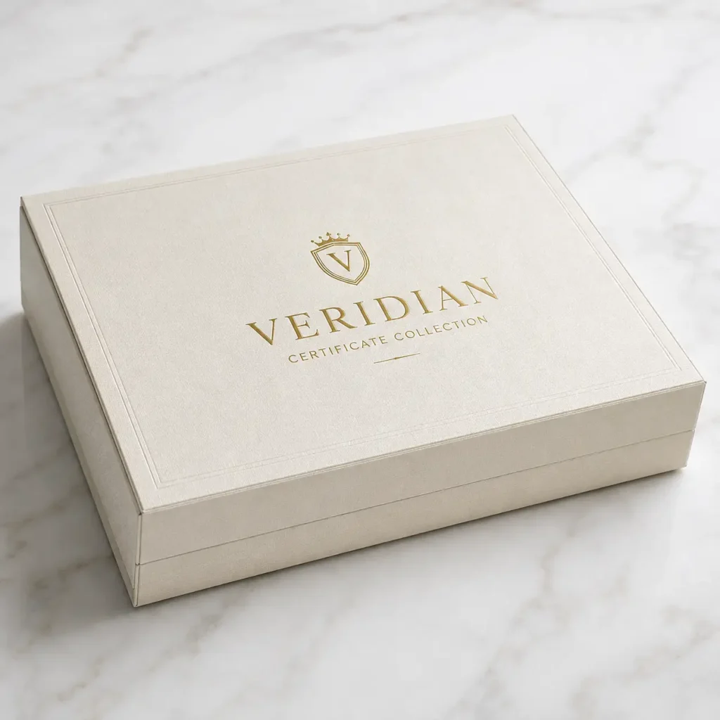 Luxury cream linen certificate gift box with gold foil Veridian branding on white marble surface