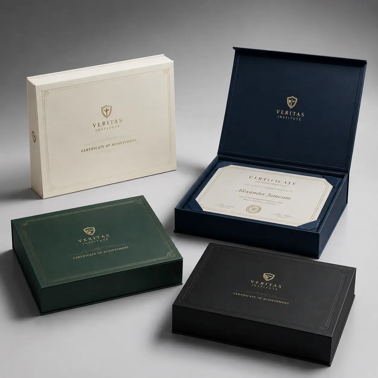 Four luxury certificate boxes by Veritas Institute in navy, black, green, ivory with gold foil, open box revealing achievement certificate