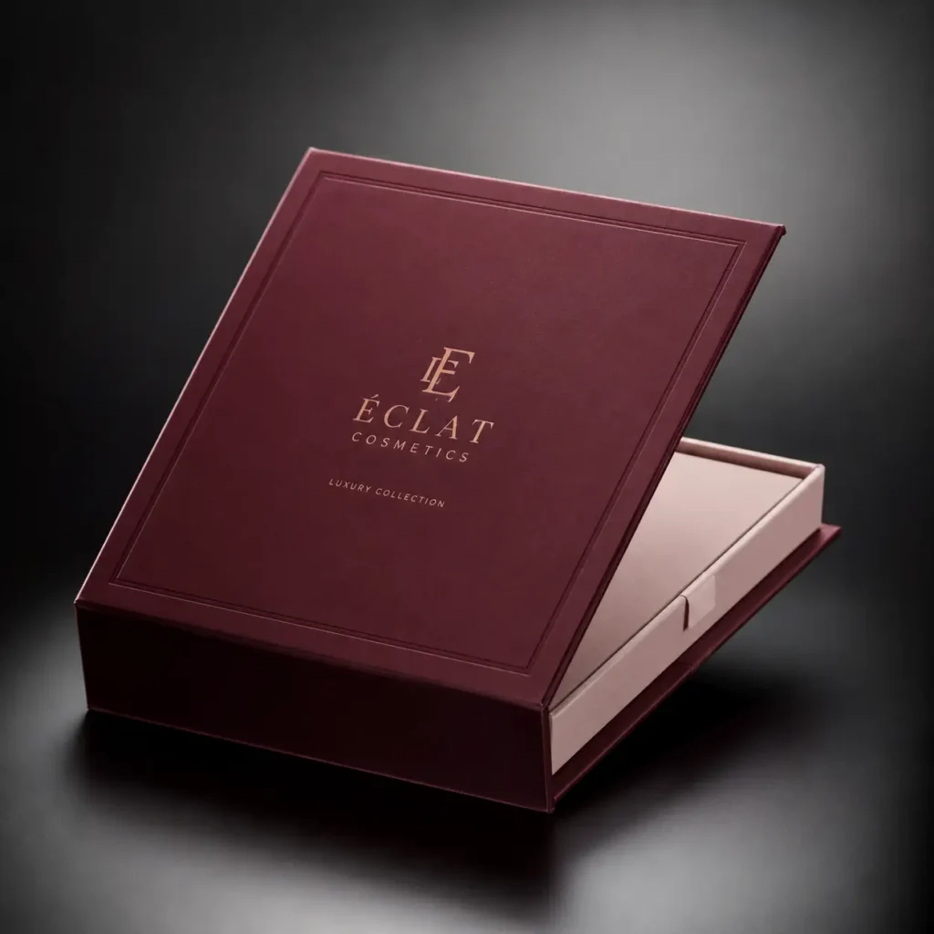 Éclat Cosmetics luxury burgundy magnetic gift box open revealing blush pink interior, gold foil logo, premium packaging design