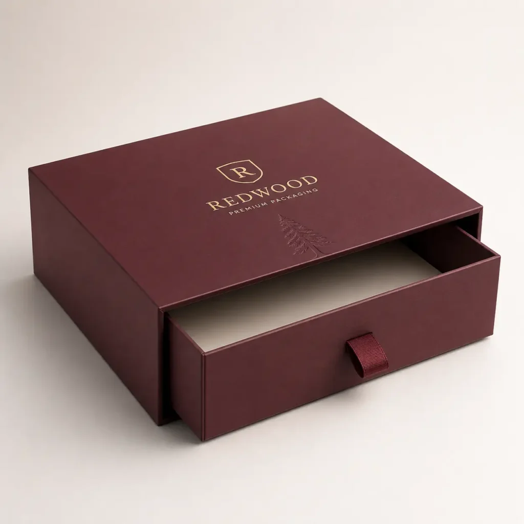 Luxury burgundy drawer gift box with gold foil Redwood branding, partially open, ribbon pull, premium rigid packaging design