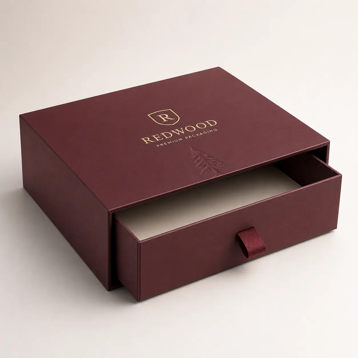 Luxury burgundy drawer gift box with gold foil Redwood branding, partially open, ribbon pull, premium rigid packaging design