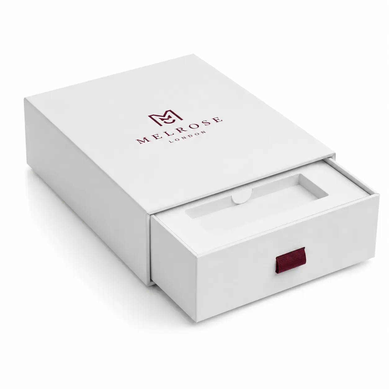 White luxury drawer gift box with burgundy Melrose London logo and ribbon pull, premium rigid packaging design