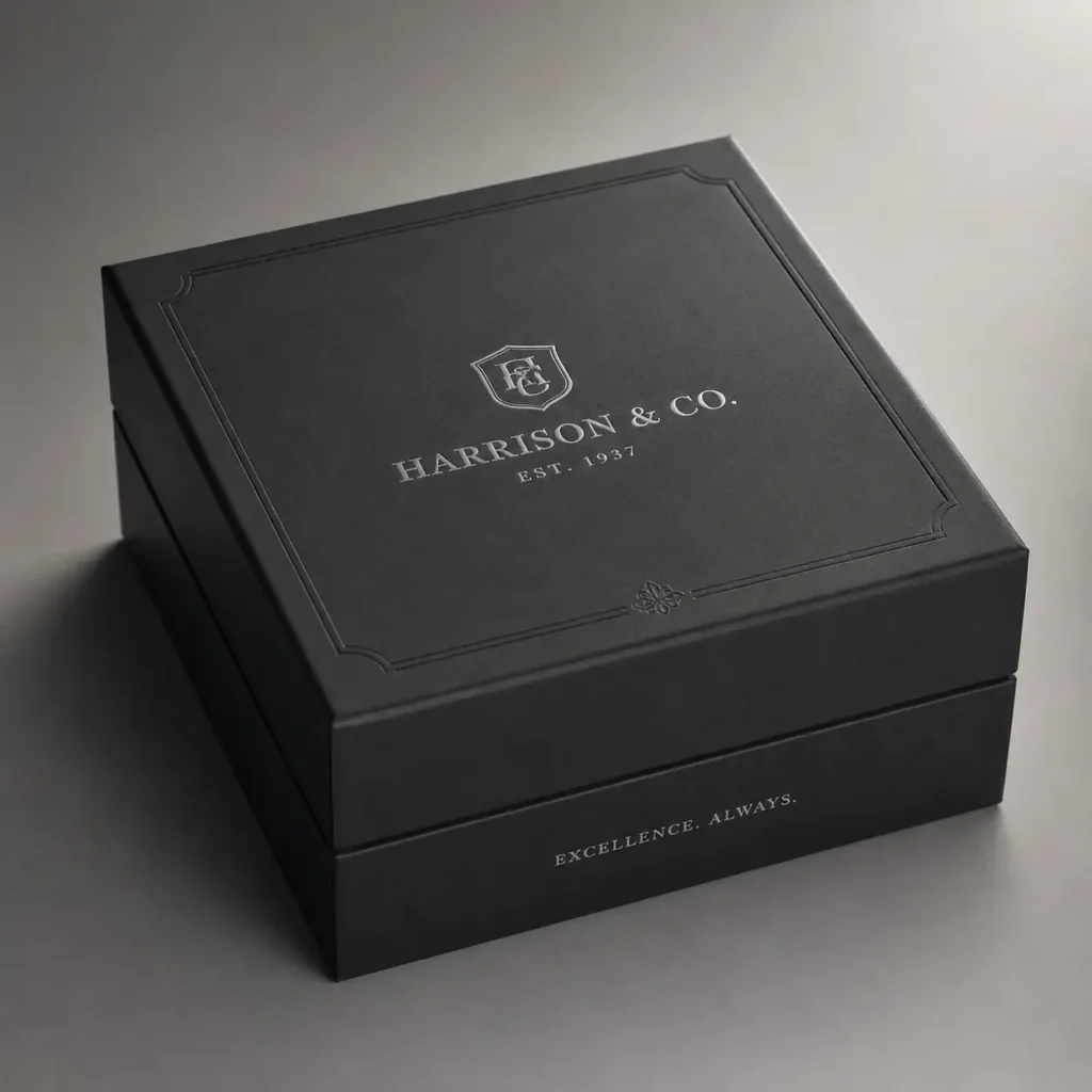 Luxury matte black gift box with silver Harrison & Co. Est. 1937 embossed logo, premium rigid packaging, elegant branding design