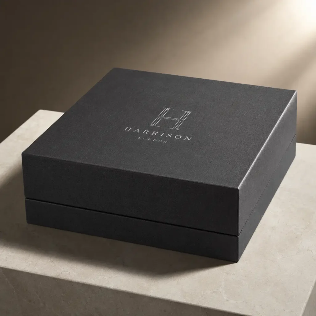 Luxury black rigid gift box with silver Harrison London logo, displayed on stone surface with warm moody lighting