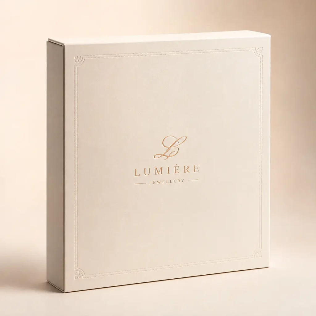 Luxury cream white jewellery gift box with gold foil Lumière logo, elegant embossed border, premium custom packaging design