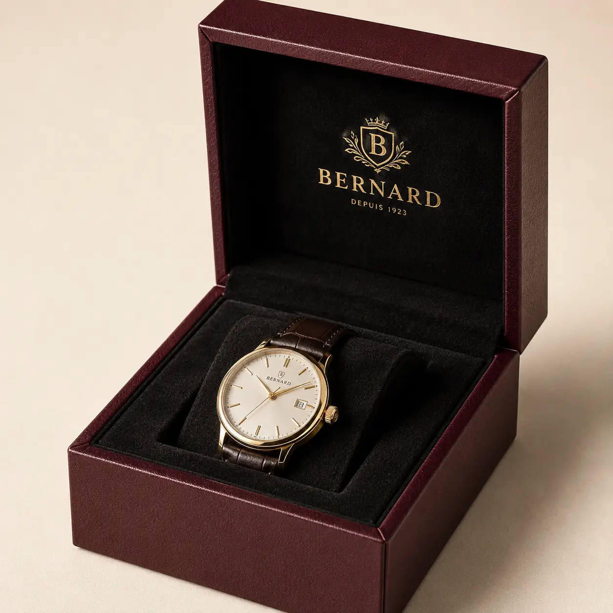 Bernard Depuis 1923 luxury watch in gold case with brown leather strap displayed in burgundy velvet gift box