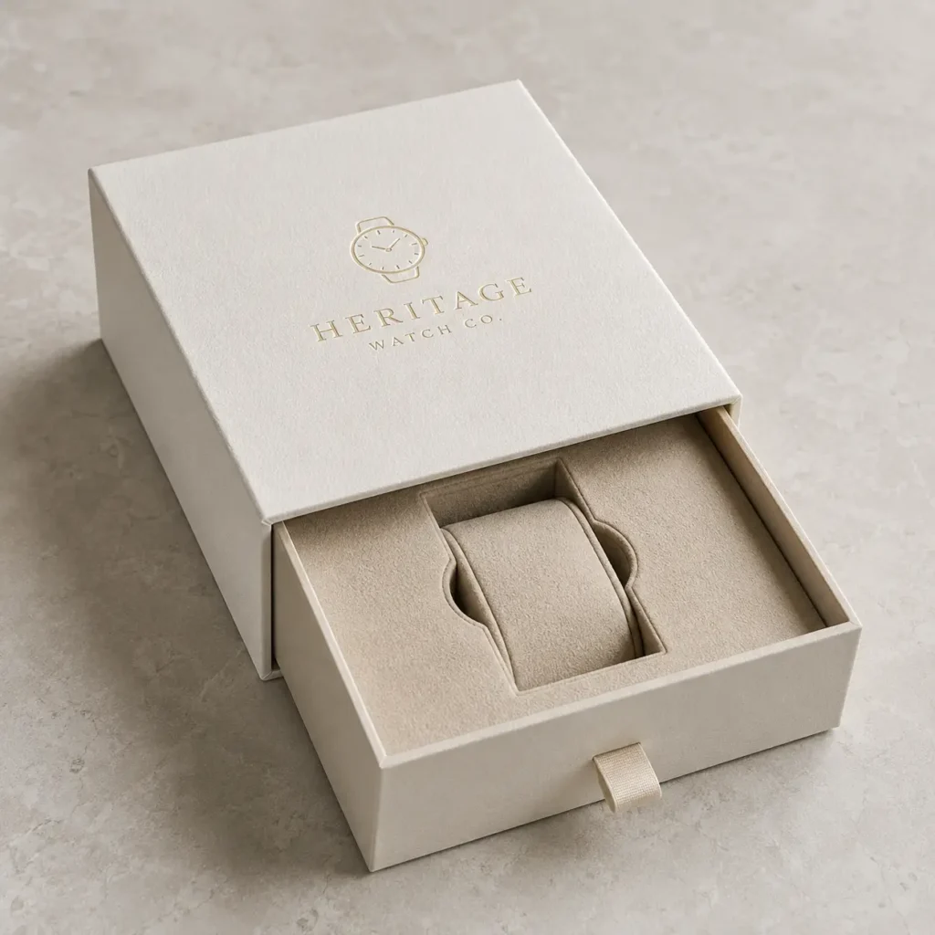 Elegant cream Heritage Watch Co. luxury watch gift box with gold foil logo, suede interior cushion, drawer-style packaging