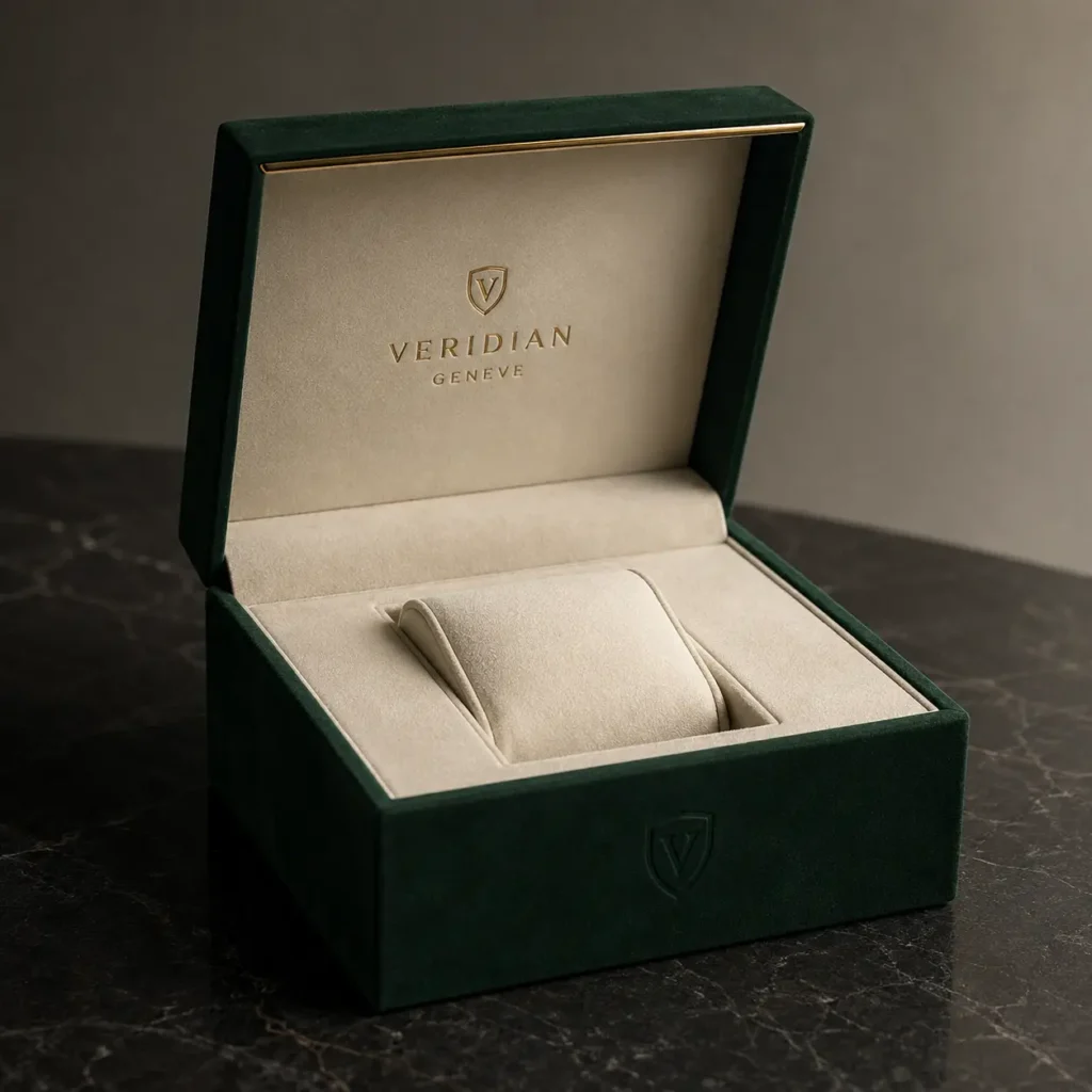 Luxury green velvet watch box open displaying cream suede cushion with gold Veridian Geneve logo embossed interior