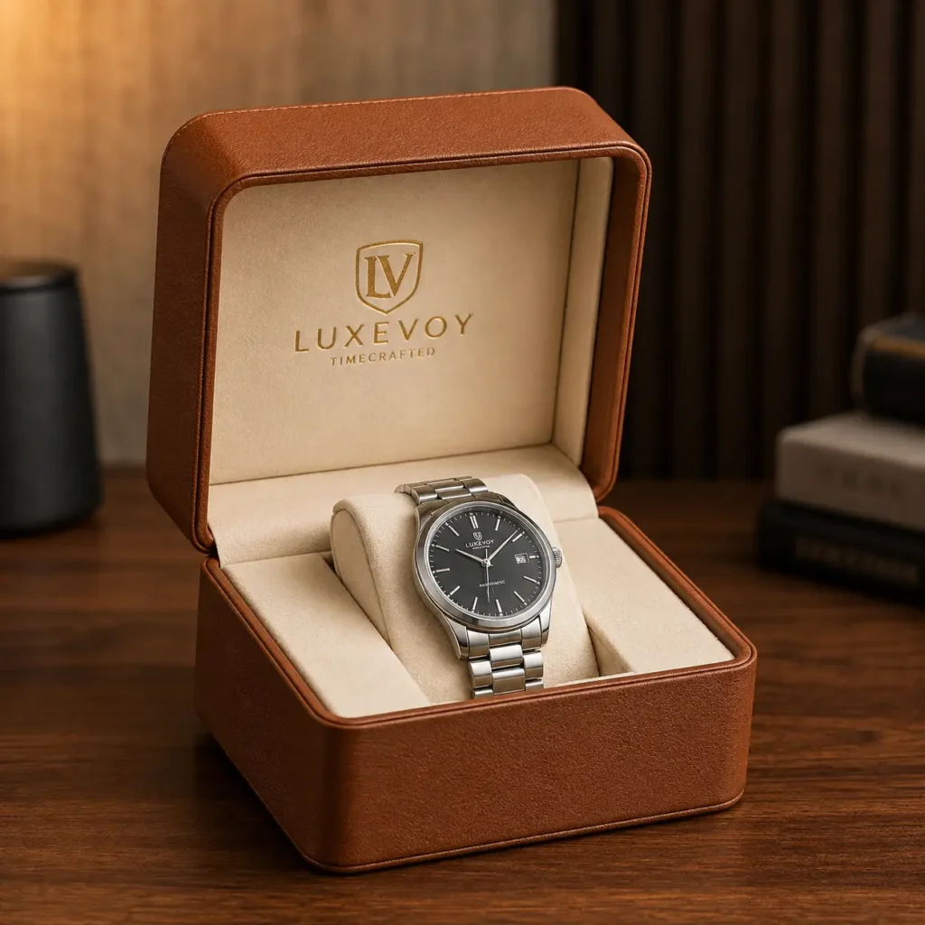 Luxevoy Timecrafted silver automatic watch with black dial in open tan leather luxury watch box on wooden surface