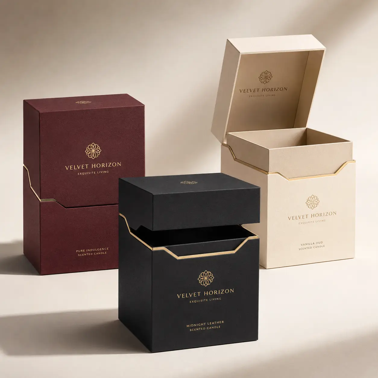 Luxury scented candle gift boxes in black, burgundy, and cream with gold foil Velvet Horizon branding, premium rigid packaging design