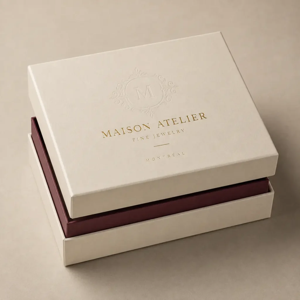 Luxury cream jewelry box with gold foil Maison Atelier Fine Jewelry logo and embossed monogram, Montreal brand, burgundy interior