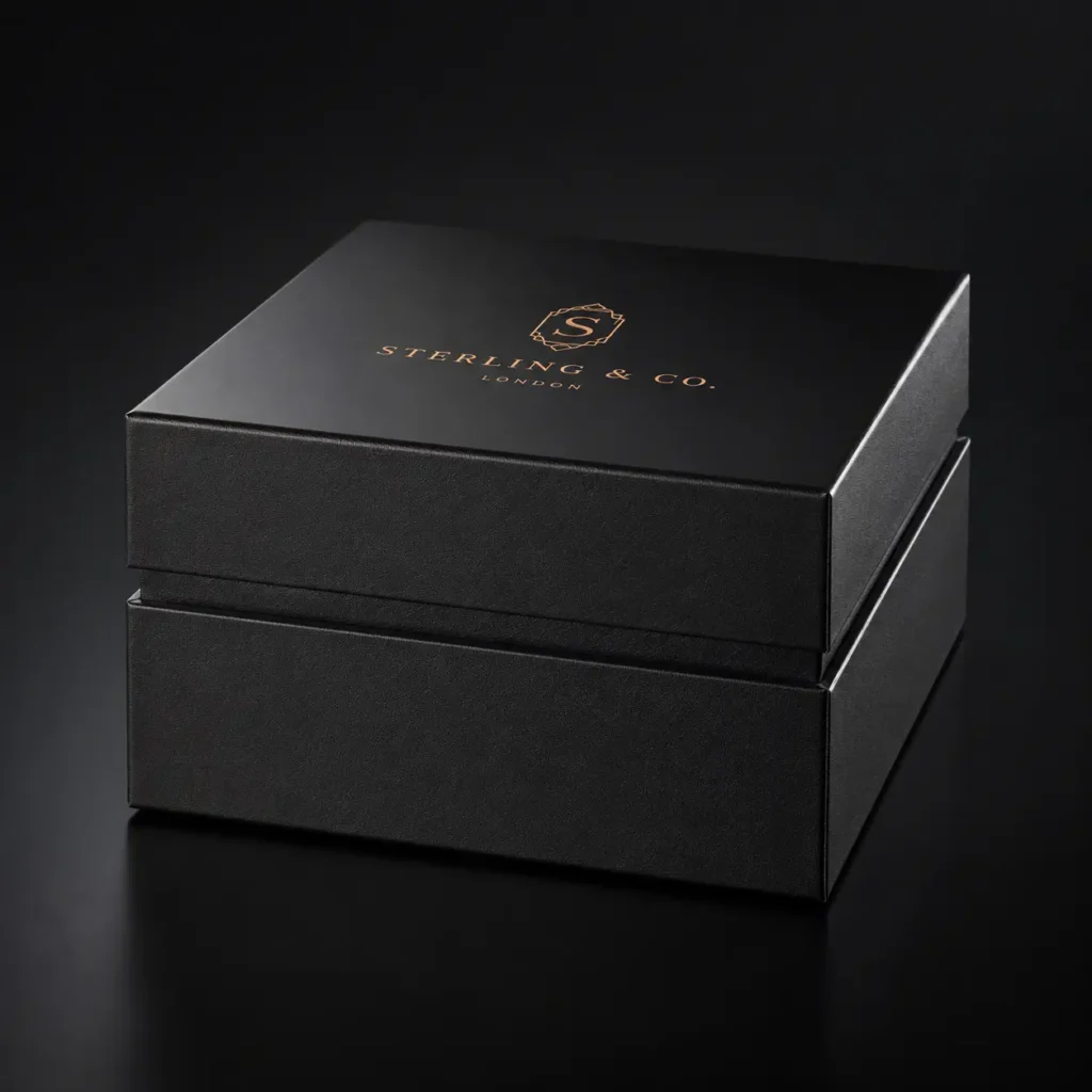 Luxury black rigid jewelry gift box with gold Sterling & Co. London logo, elegant matte finish, premium custom packaging