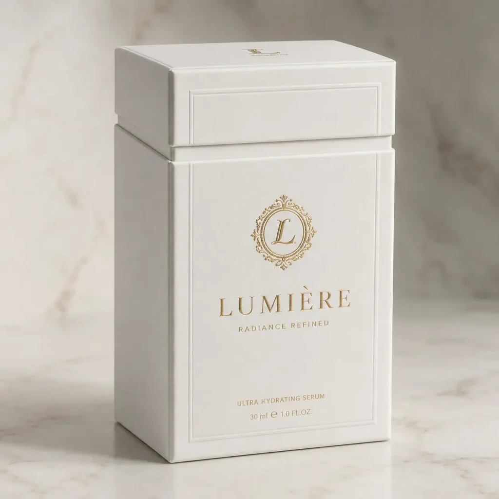 Lumière Ultra Hydrating Serum 30ml white luxury skincare box with gold foil logo on marble surface