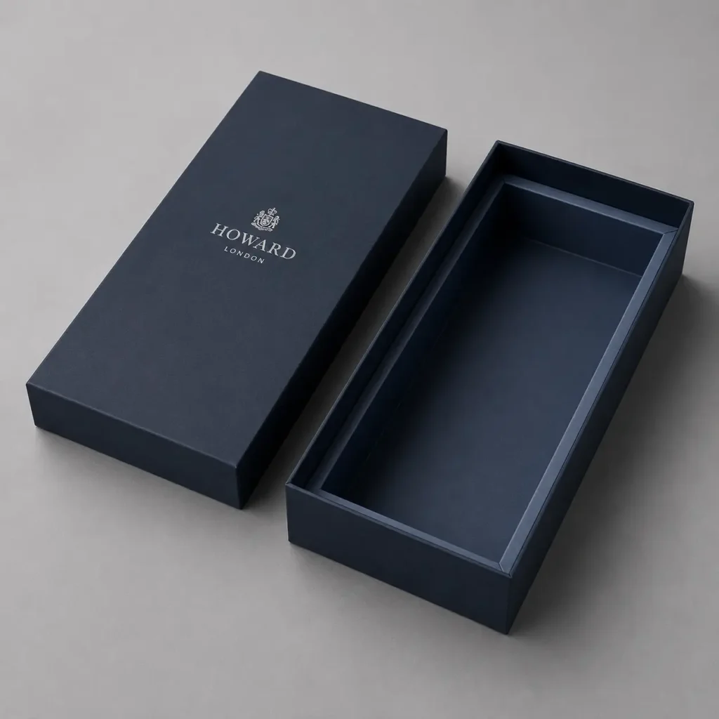 Navy blue Howard London luxury gift box with lid open, elegant silver logo, premium rigid packaging on gray background