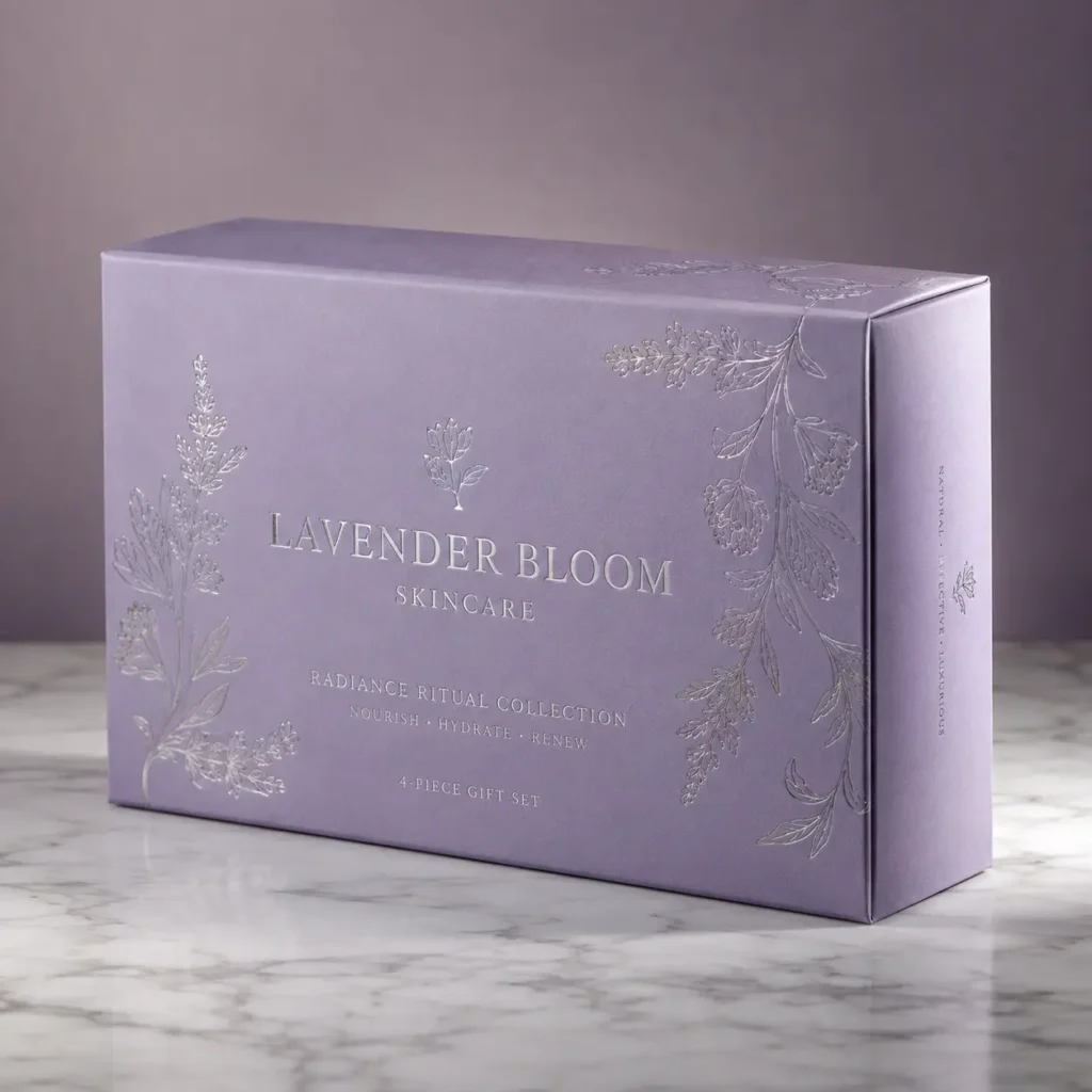 Lavender Bloom Skincare gift set box in soft purple with silver floral embossing on marble surface, luxury 4-piece skincare packaging