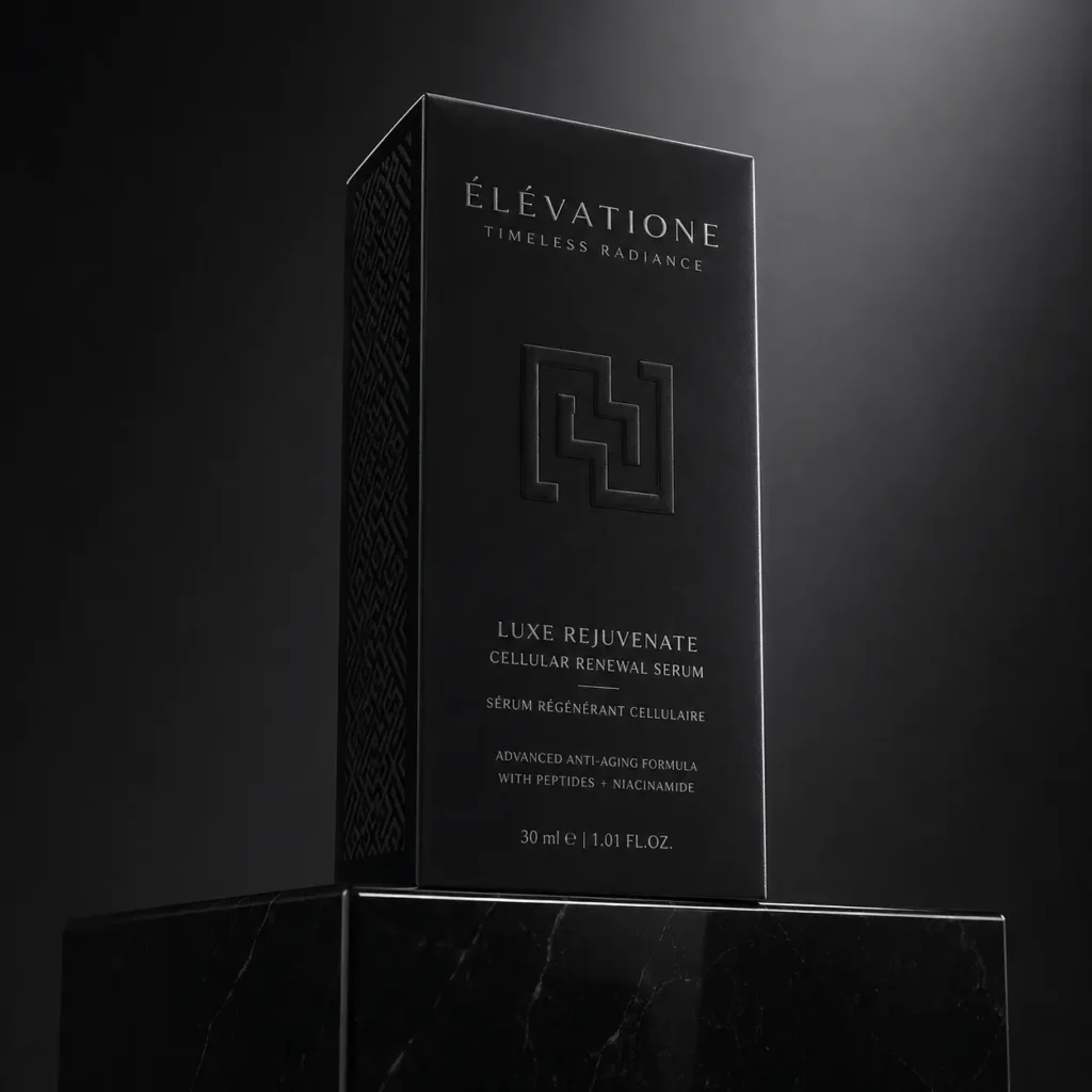 Élévatione Luxe Rejuvenate Cellular Renewal Serum black luxury packaging box on marble pedestal, dramatic dark studio lighting