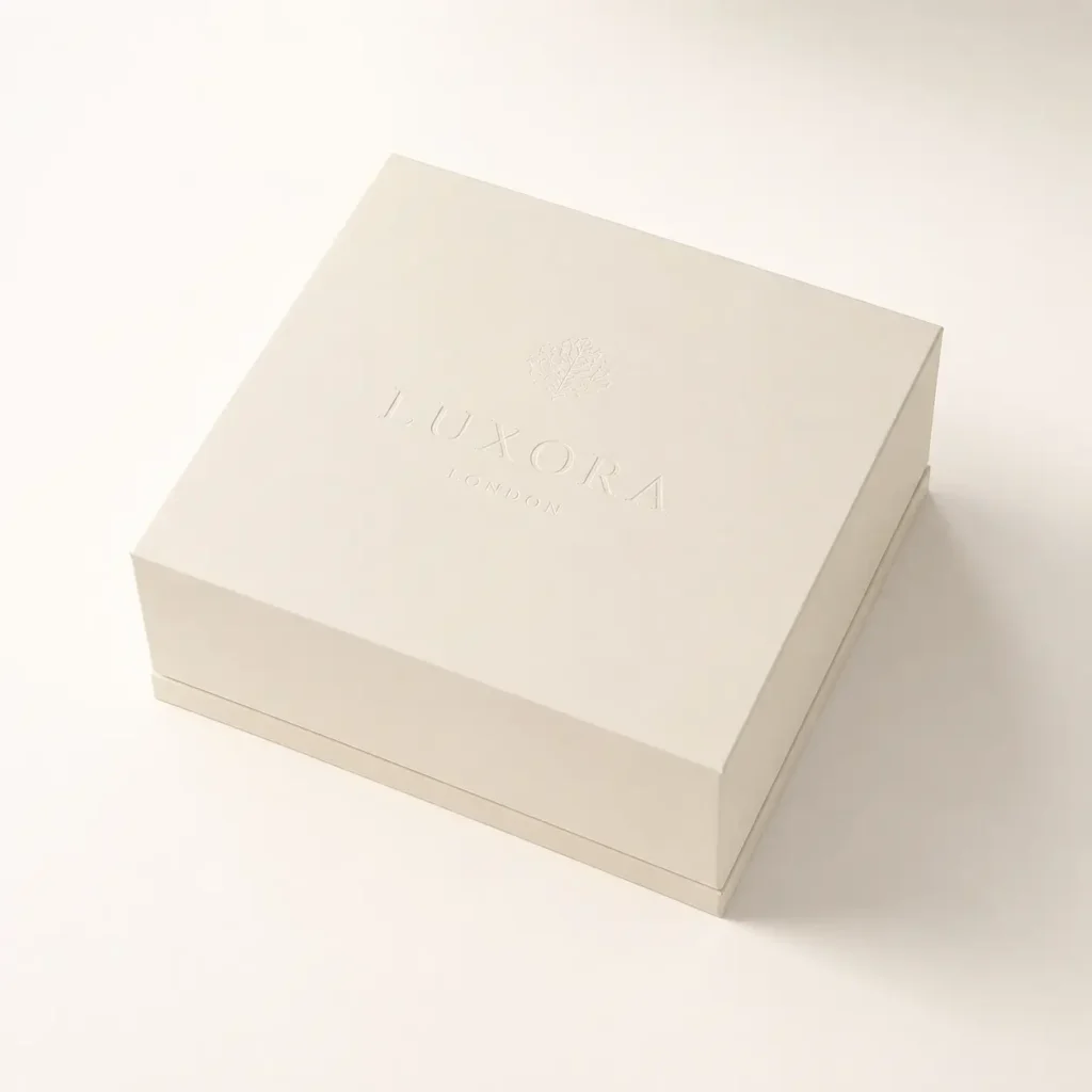 Luxora London cream luxury gift box with embossed logo, elegant rigid packaging design by The Packaging Masters