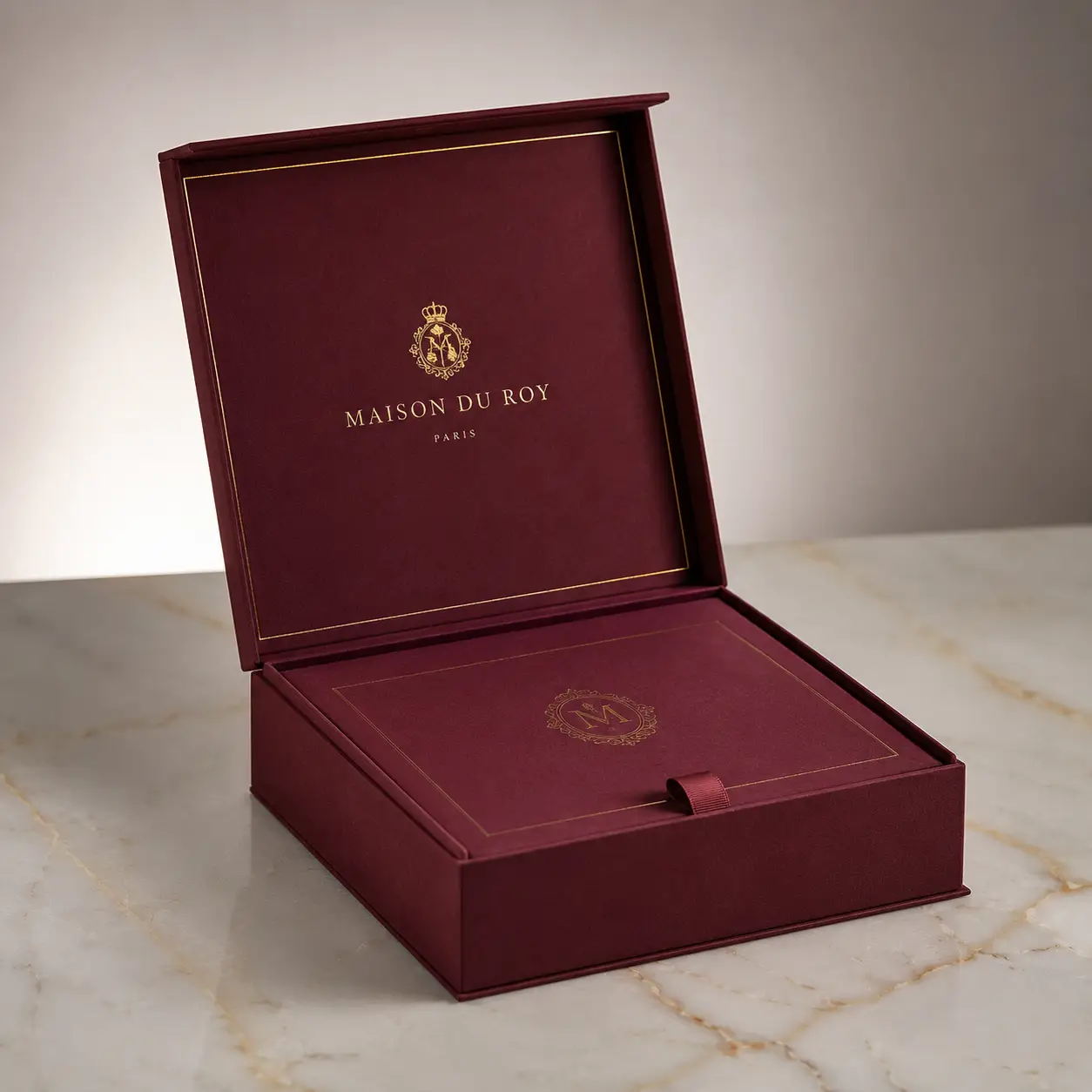 Luxury burgundy gift box with gold Maison Du Roy Paris crest, open on marble surface, premium rigid packaging design