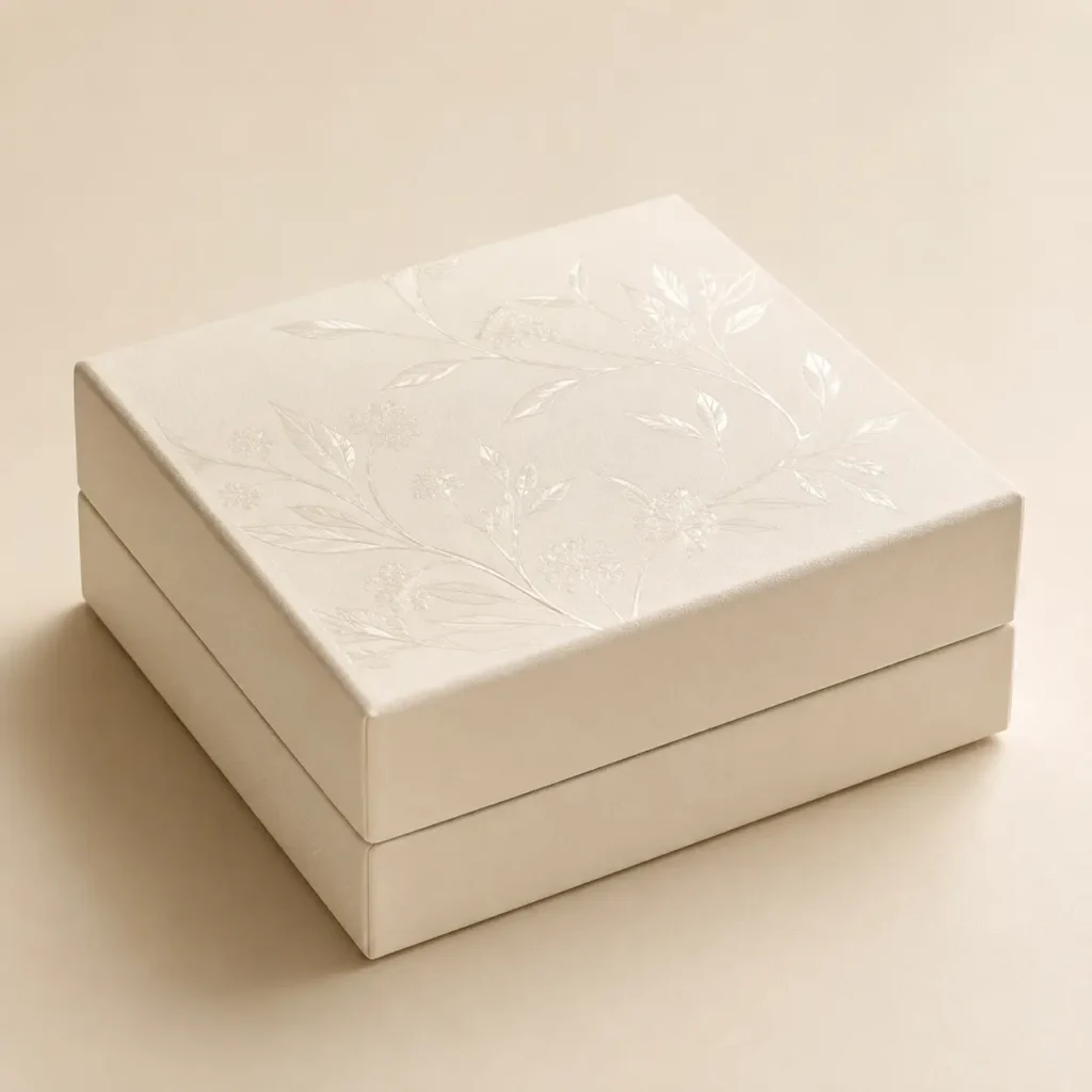 Elegant cream luxury gift box with embossed floral design, premium rigid packaging by The Packaging Masters