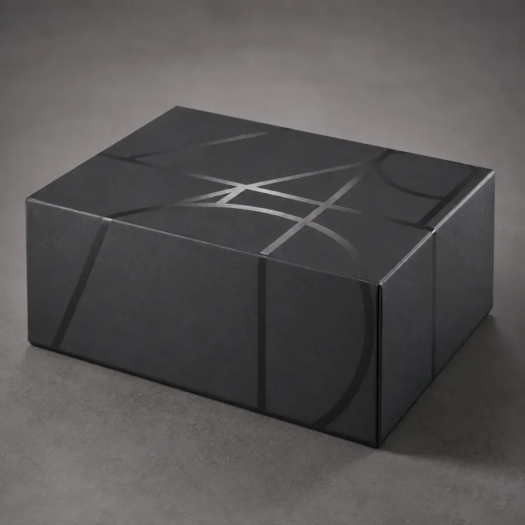 Matte black luxury gift box with glossy geometric line pattern, premium custom packaging design by The Packaging Masters
