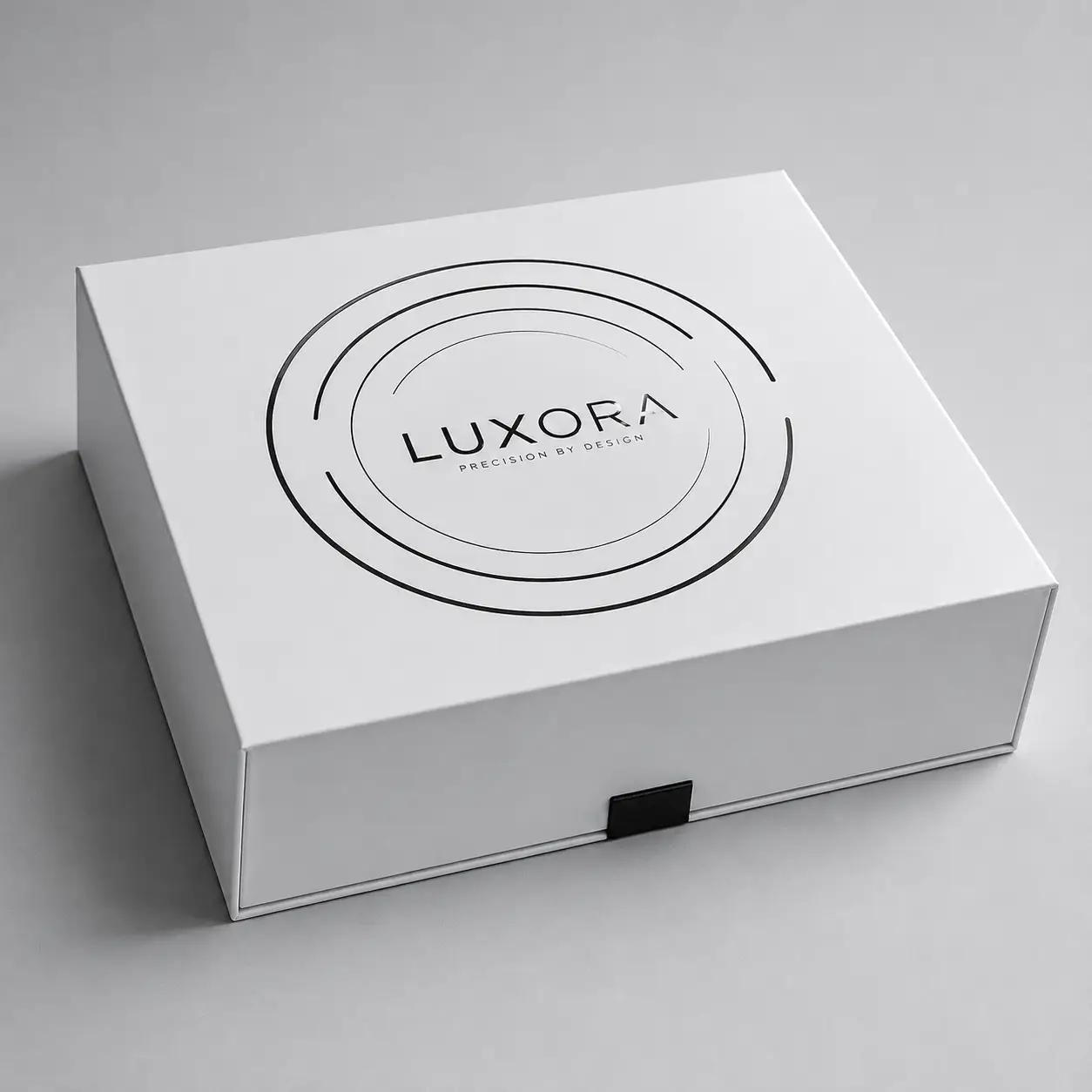 White magnetic closure luxury gift box with Luxora Precision by Design logo, minimalist black circular design on matte surface