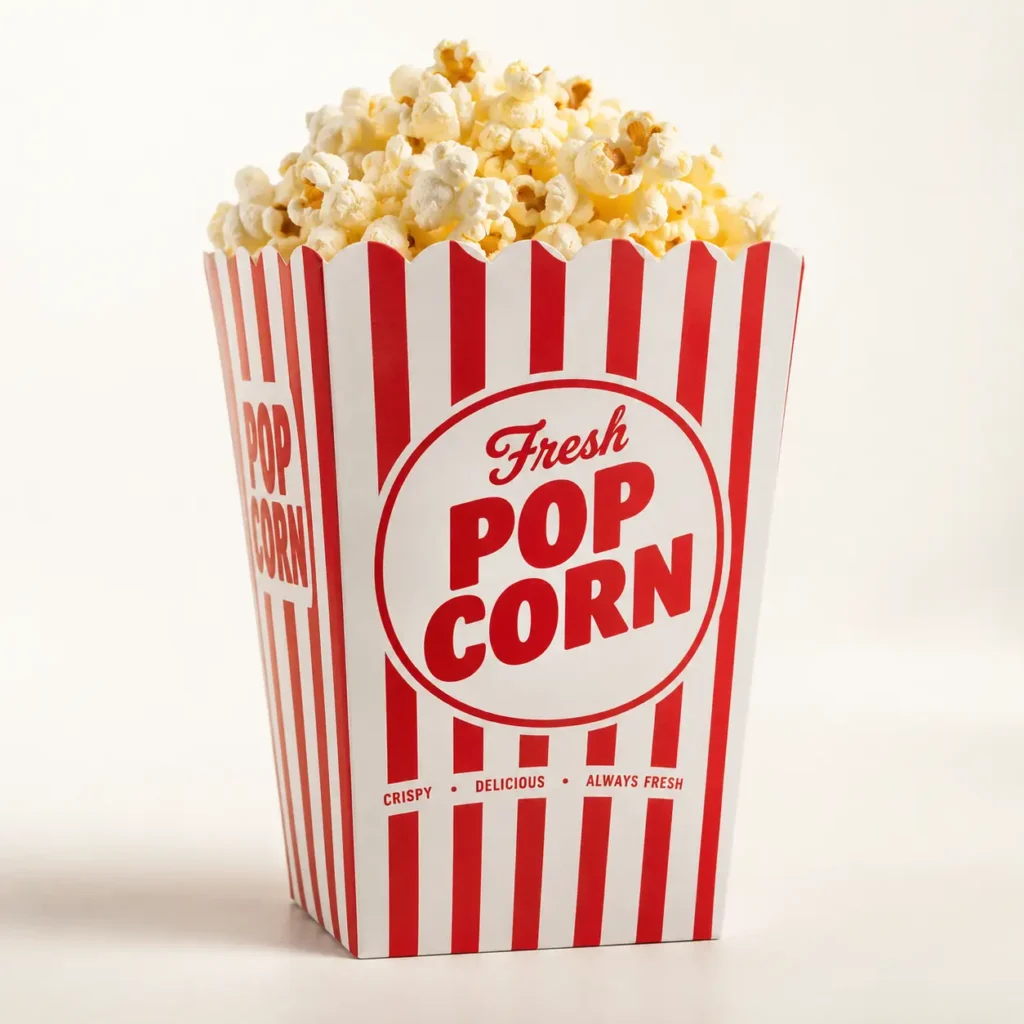 Classic red and white striped fresh popcorn box overflowing with buttery popcorn, crispy snack food packaging design