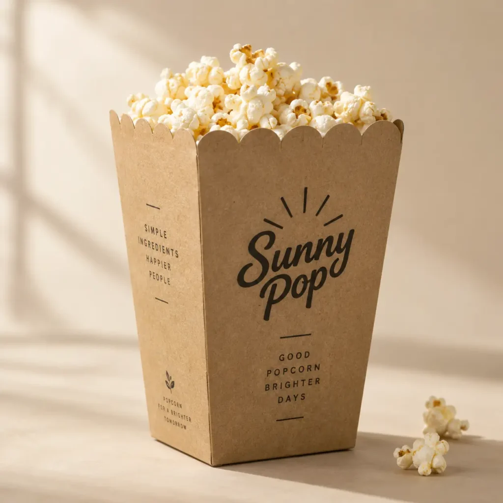 Kraft paper popcorn box packaging printed with Sunny Pop branding, filled with fresh popcorn, warm beige background