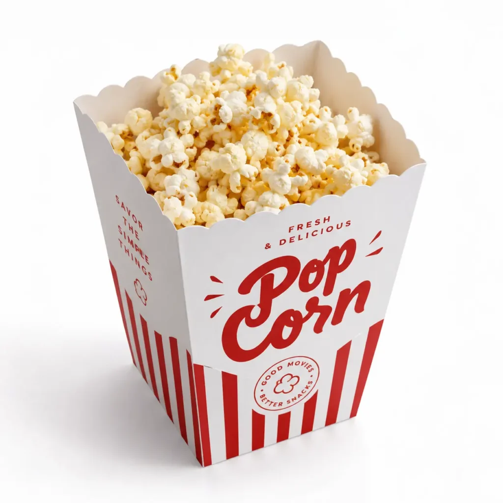 Red and white striped popcorn box overflowing with fresh buttered popcorn, classic movie snack packaging design