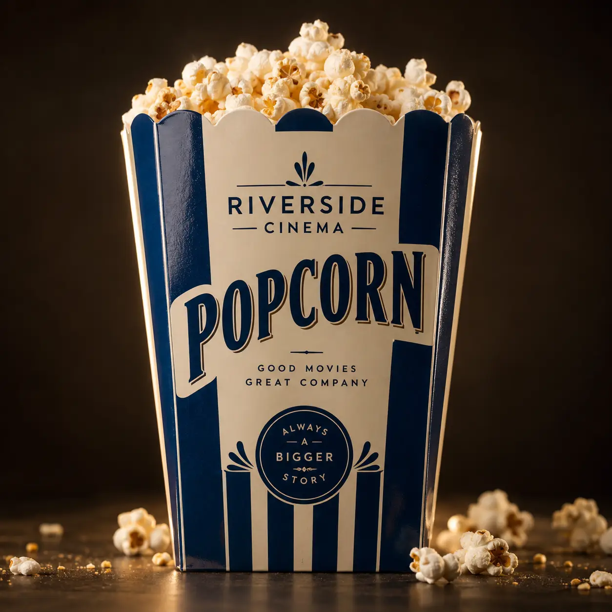 Navy blue striped Riverside Cinema popcorn box overflowing with fresh popcorn on dark background, vintage cinema packaging design