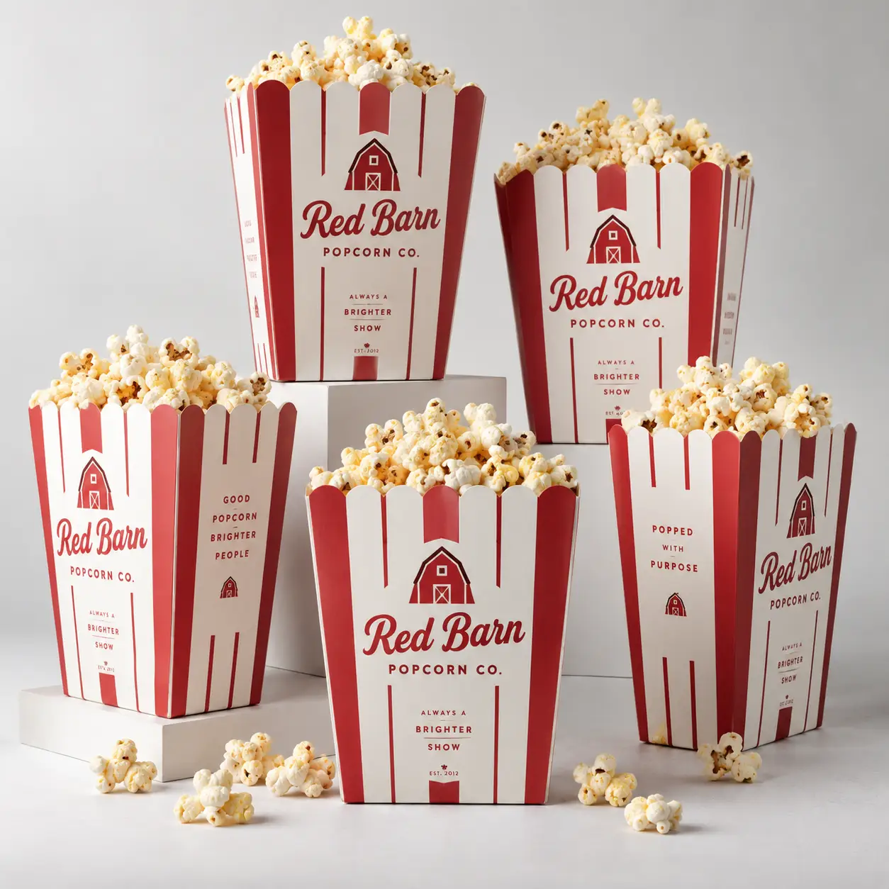 Red Barn Popcorn Co. red and white striped popcorn boxes overflowing with fresh popcorn, vintage barn logo packaging design