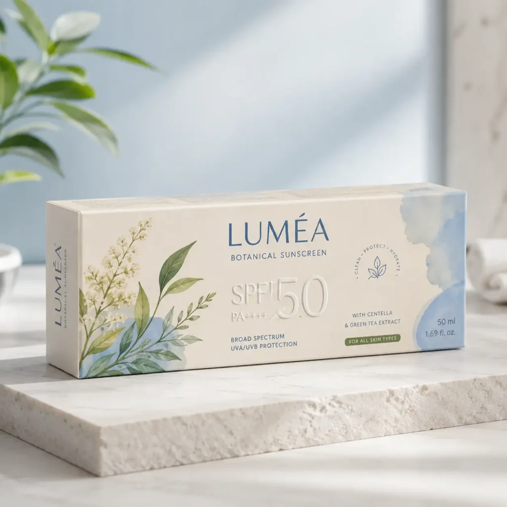 Luméa Botanical Sunscreen SPF 50 PA++++ box with floral design on marble, clean beauty packaging, 50ml broad spectrum UVA/UVB