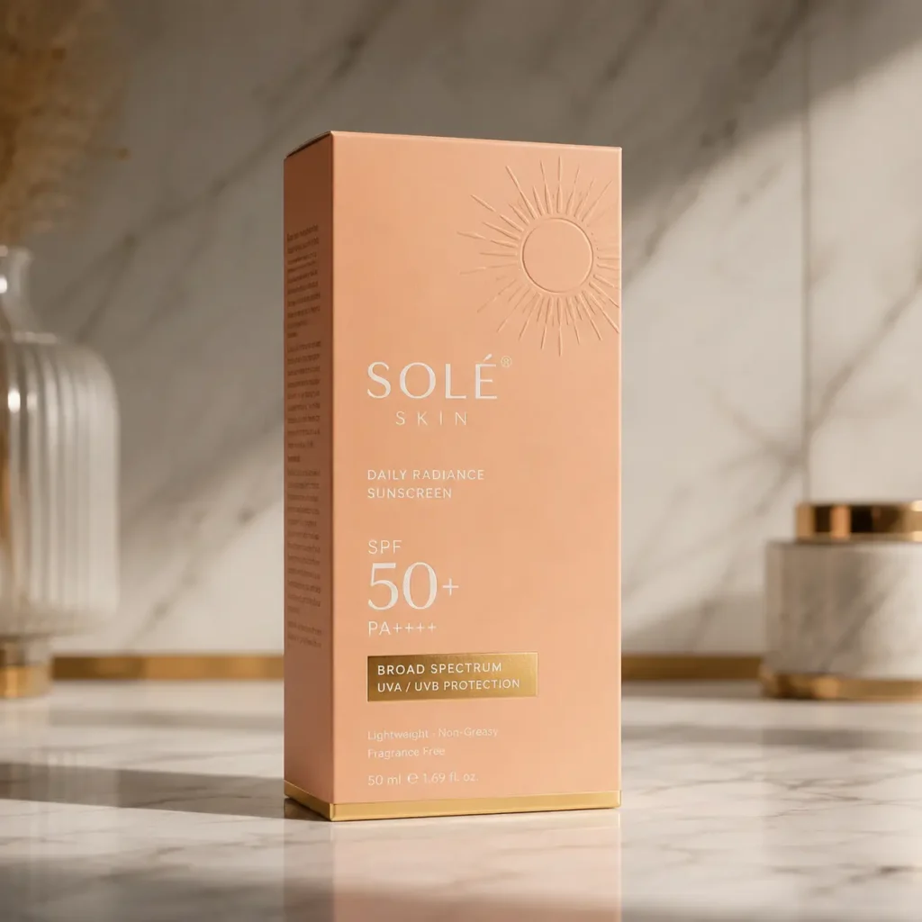 Solé Skin SPF 50+ Daily Radiance Sunscreen peach box with gold accents on marble surface, luxury skincare packaging design