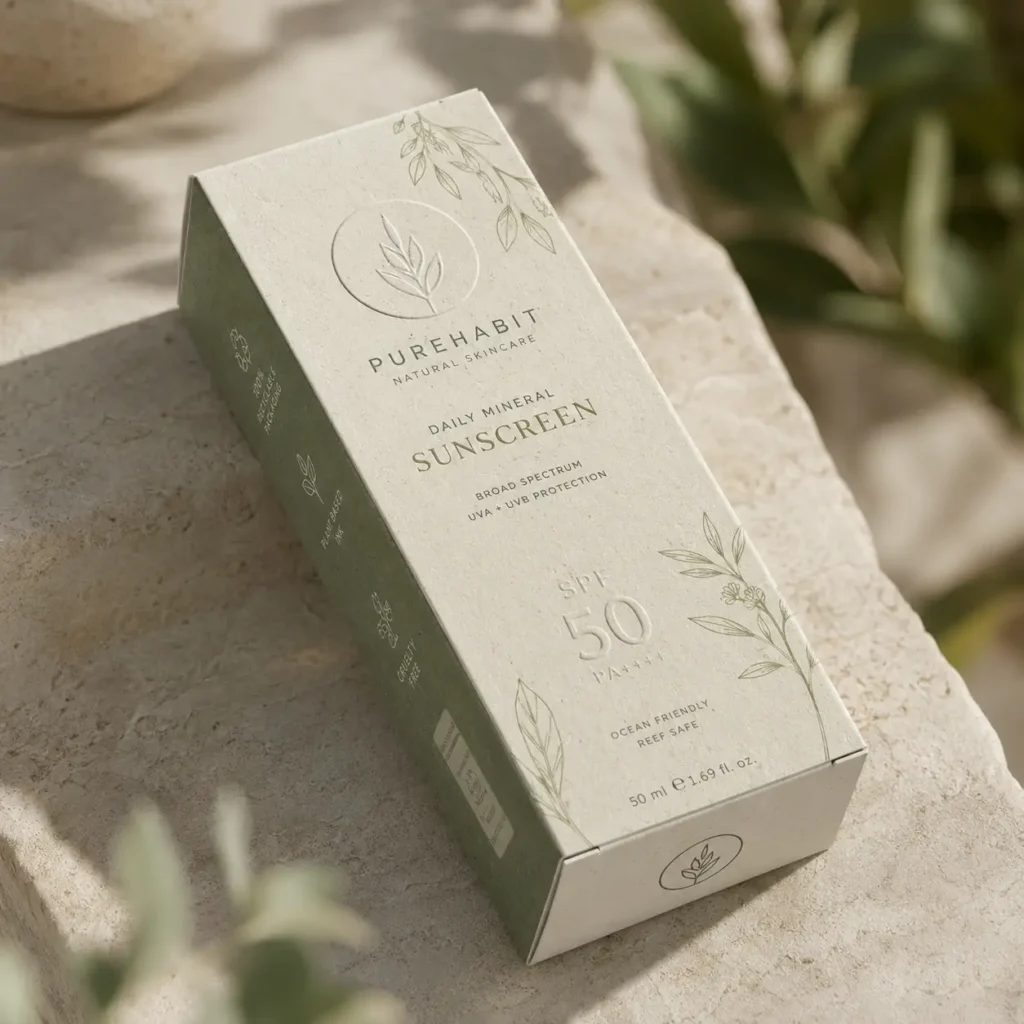 Purehabit Natural Skincare SPF 50 mineral sunscreen eco-friendly green white box packaging on stone surface with botanical design