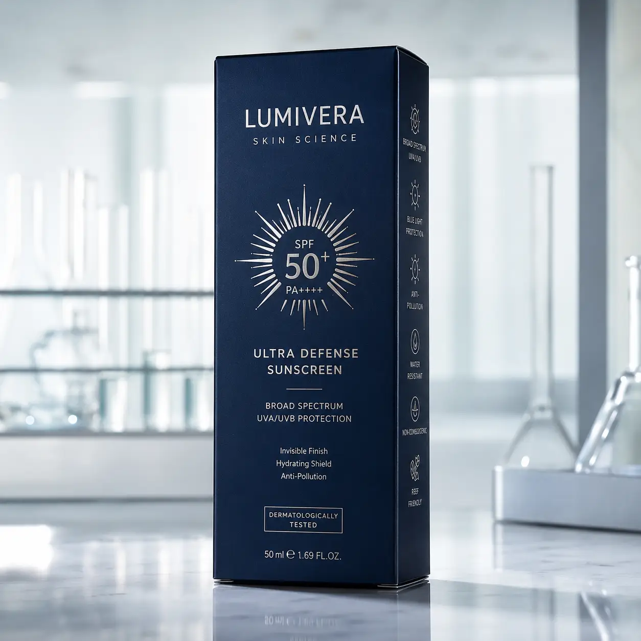 Navy blue Lumivera Skin Science SPF 50+ Ultra Defense Sunscreen 50ml box in minimalist lab setting with glass beakers