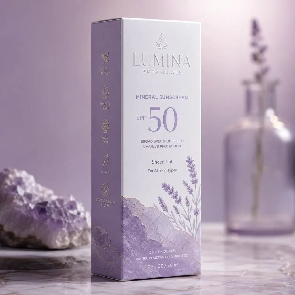 Lumina Botanicals SPF 50 mineral sunscreen box in soft purple tones with lavender botanical design on marble surface