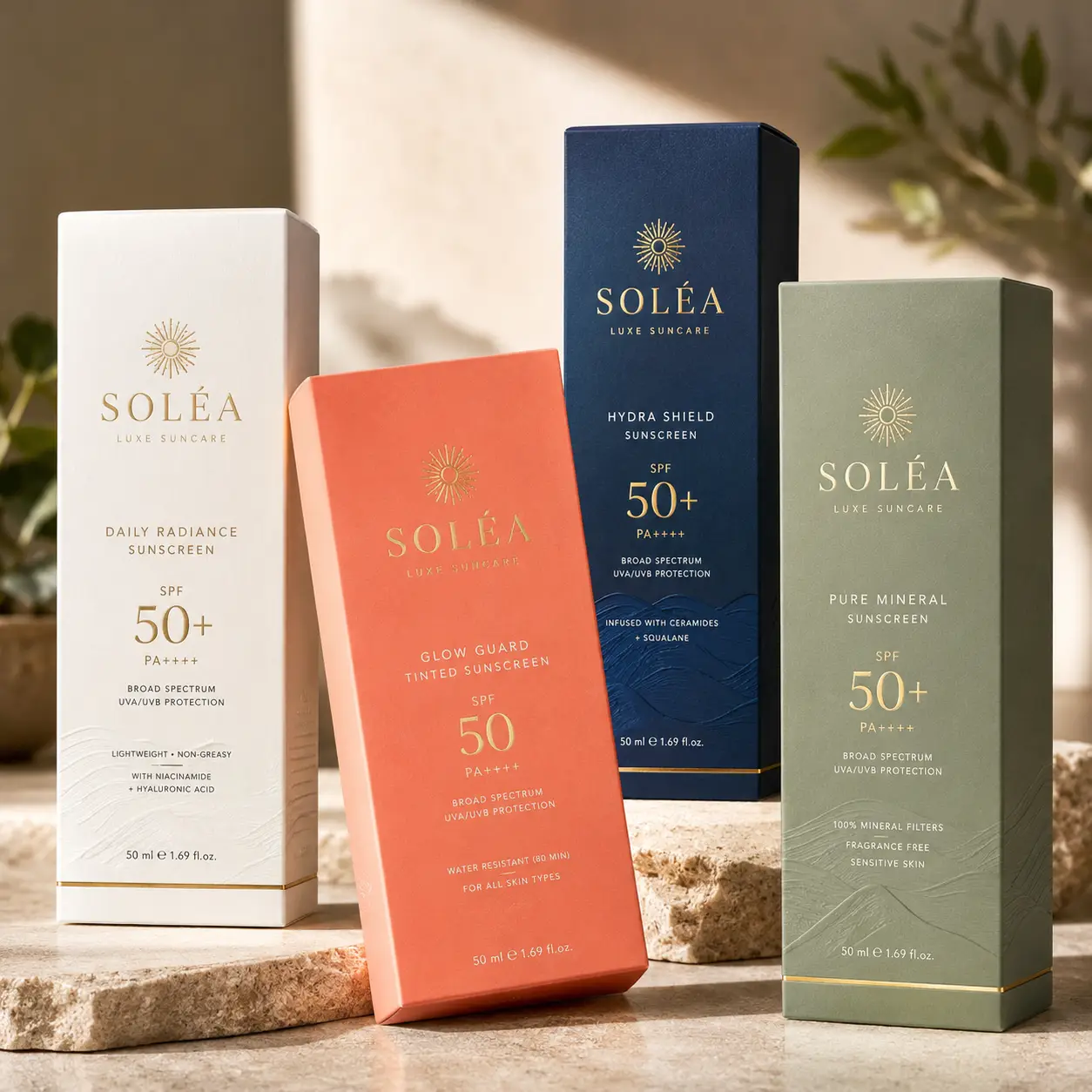 Four Soléa Luxe Suncare SPF 50+ sunscreen boxes in white, coral, navy, and sage green on stone surface with natural lighting