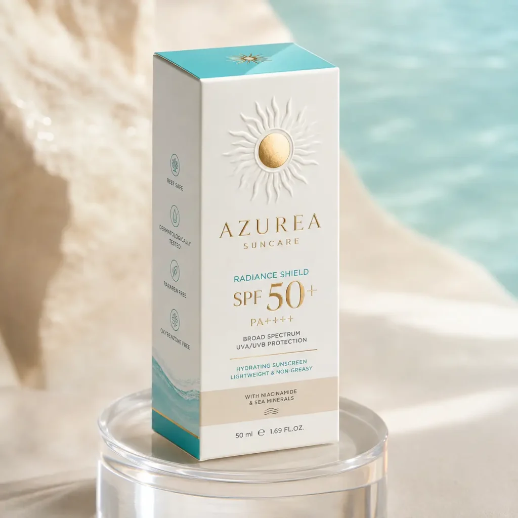Azurea Suncare Radiance Shield SPF 50+ PA++++ sunscreen box packaging design in white teal gold beside sandy beach backdrop