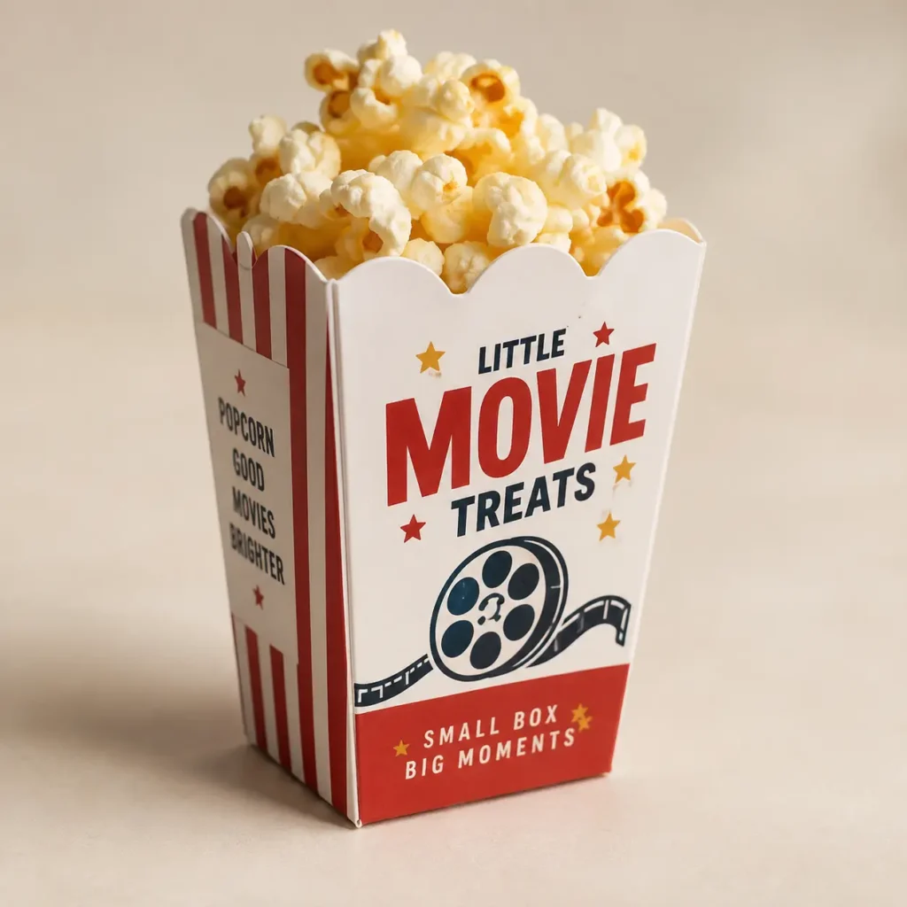 Red and white striped movie popcorn box filled with fresh popcorn, featuring retro film reel design and Little Movie Treats branding