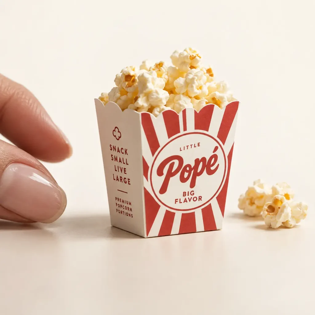 Miniature red and white striped popcorn box packaging design labeled Little Popé Big Flavor beside fingertips